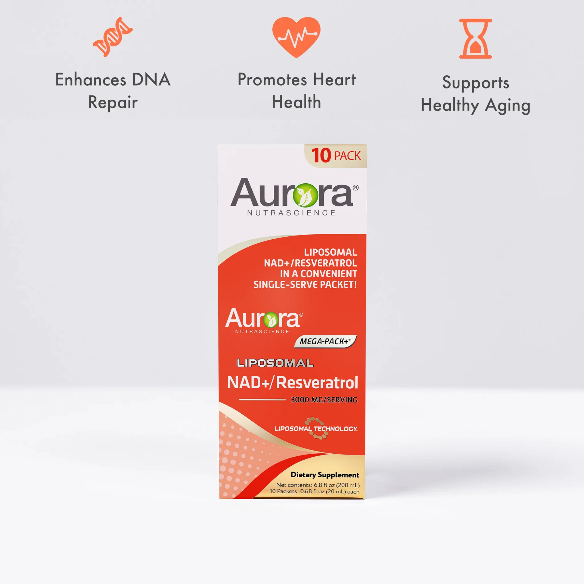 Packaging of Aurora Nutrascience's Liposomal NAD+/Resveratrol supplement, featuring the product name and benefits such as boosting cellular energy and promoting healthy aging.