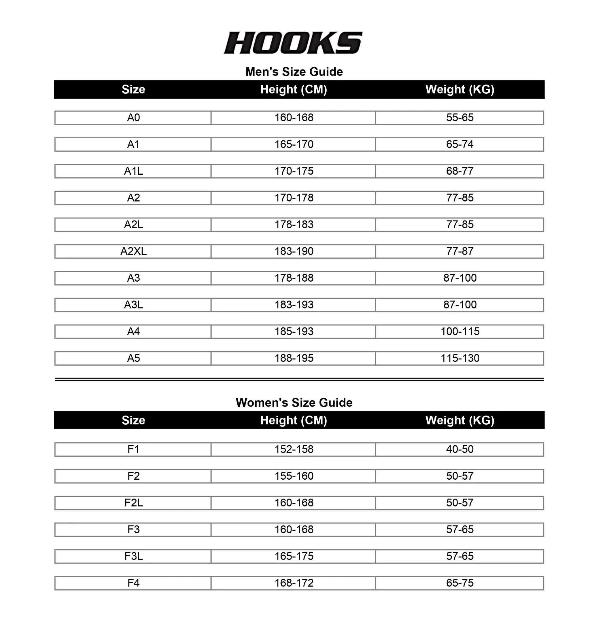 Hooks GI Prolight II, Brazilian Jiu Jitsu Kimono Size Chart