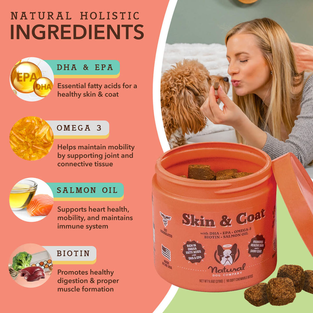 Pet supplement advertisement highlighting natural ingredients for skin and coat health.