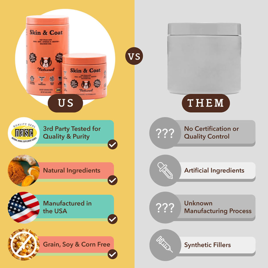 Comparison of two pet products highlighting quality and ingredient differences.