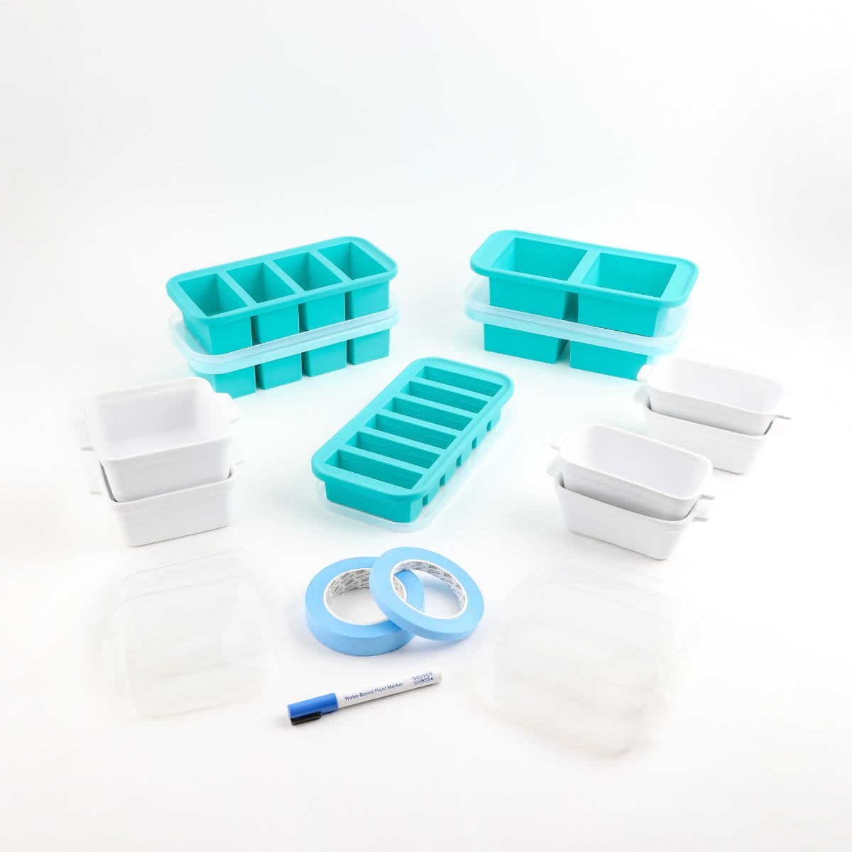 Aqua 25-piece baking dish and silicone freezer tray set