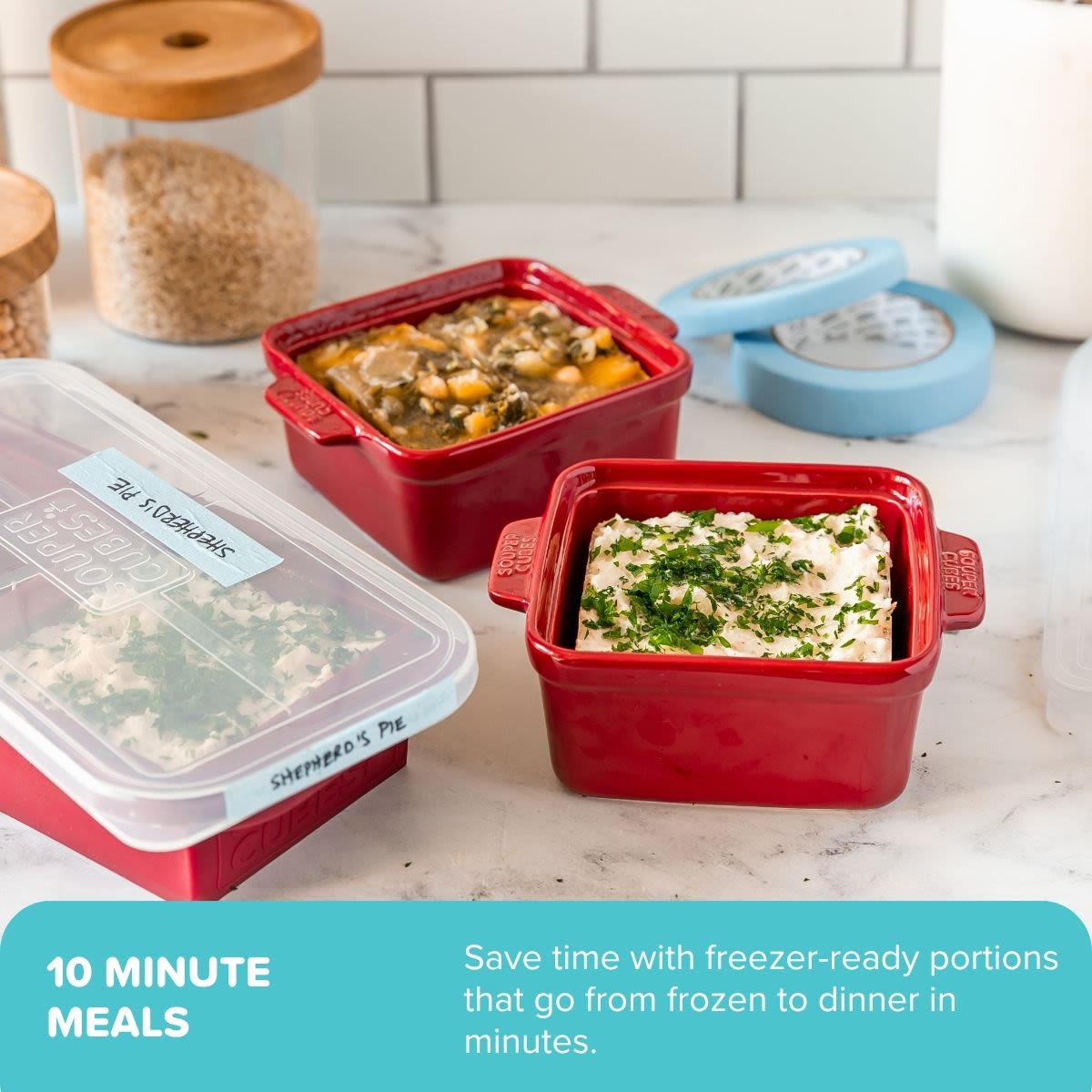 Freezer-ready portions to ceramic baking dishes for easy dinners