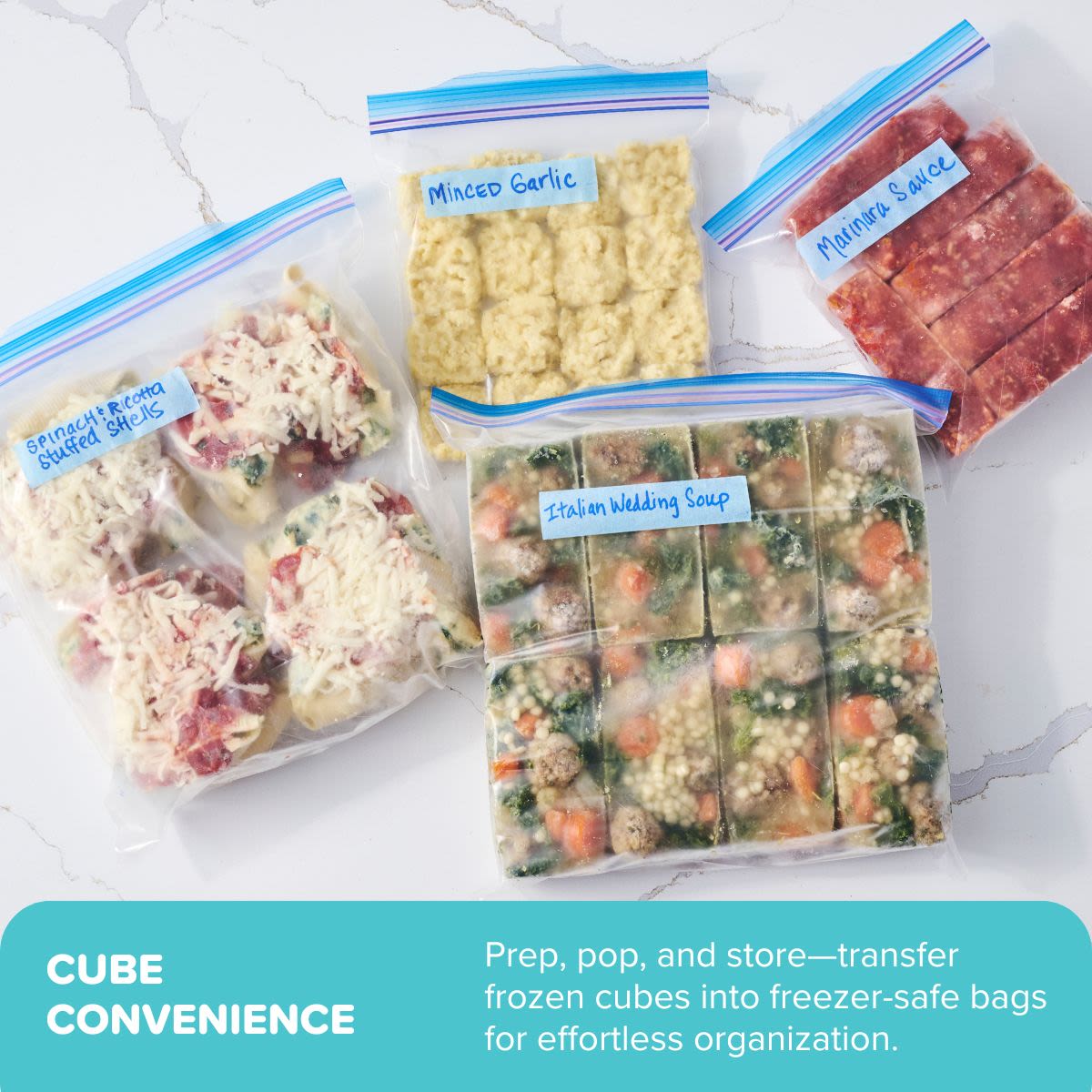 Transfer frozen cubes to freezer-safe bags for organization