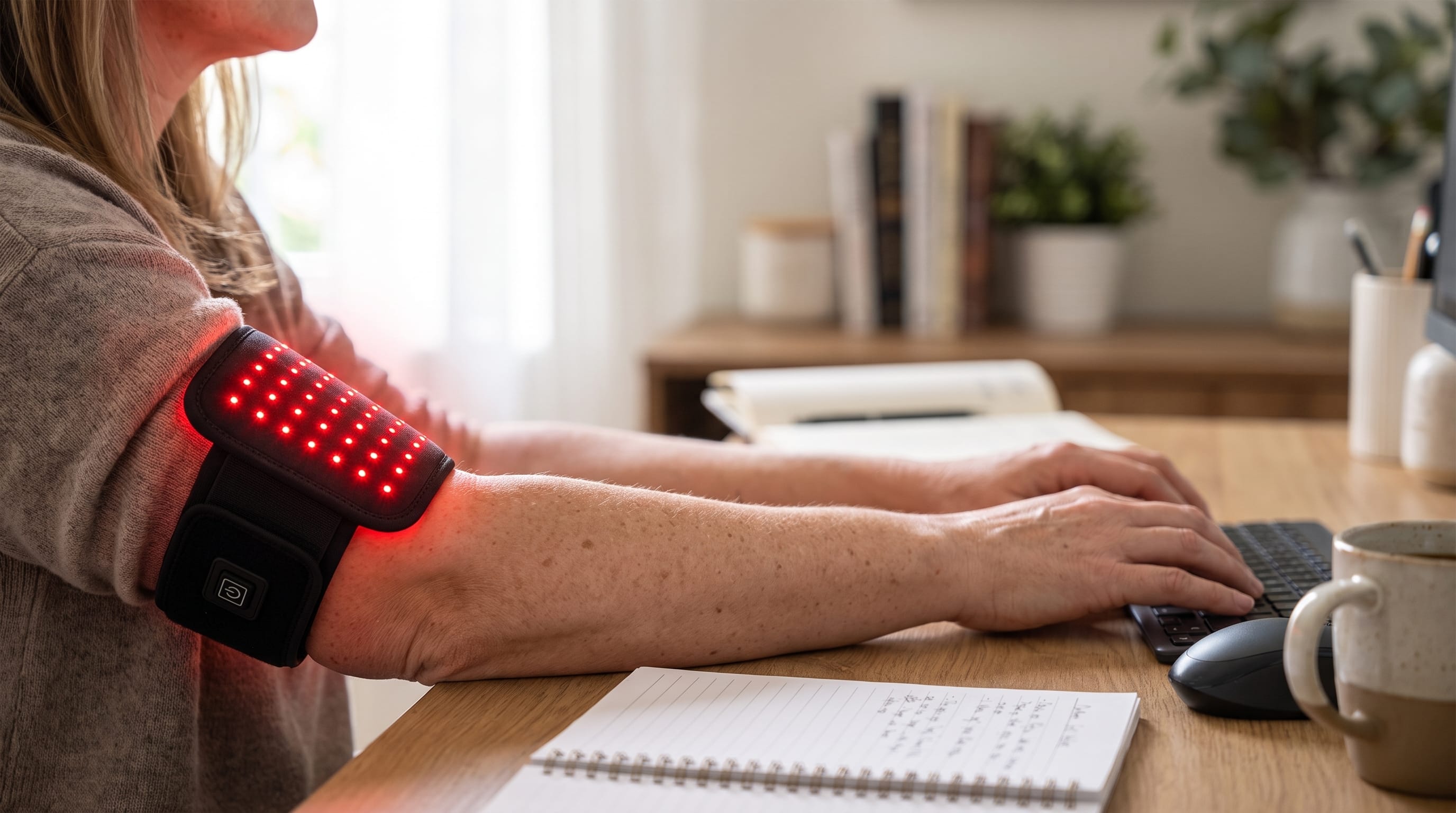 ThermaLight360 Mini on the arm while working at a laptop