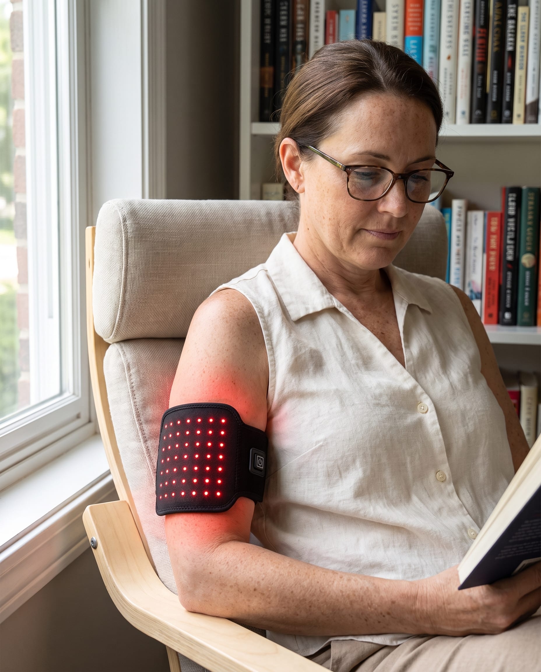 Woman reading with the ThermaLight360 Mini strapped to her upper arm