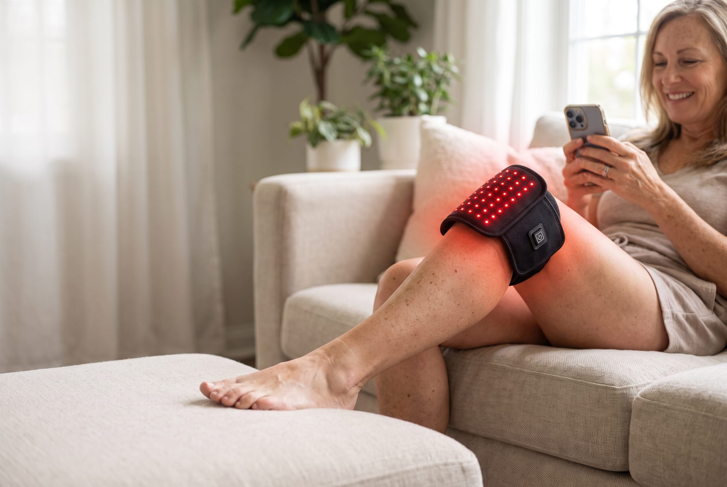 Woman relaxing on the sofa with the ThermaLight360 Mini strapped to her knee