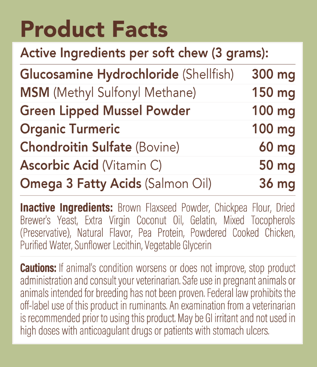 Supplement facts label with active and inactive ingredients, and caution statements.