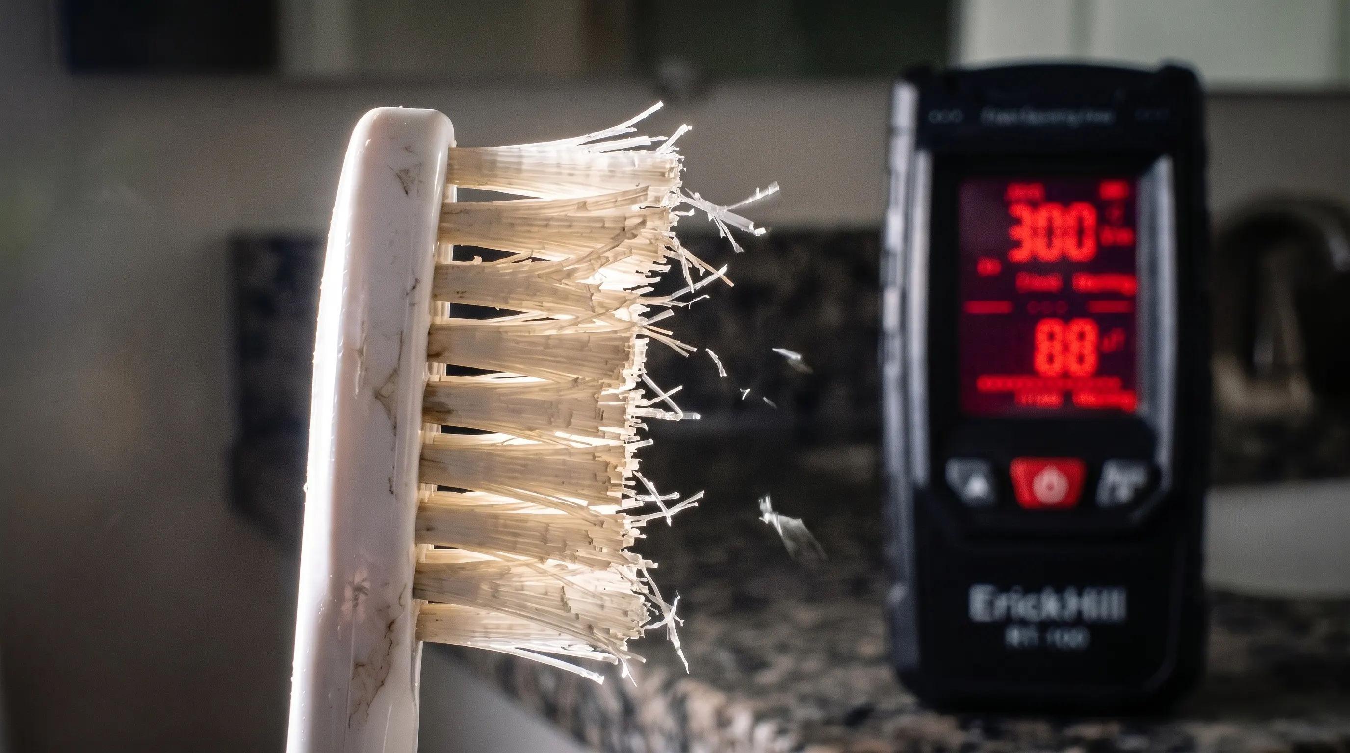 Frayed nylon filaments on a plastic sonic toothbrush head with an EMF meter reading behind it