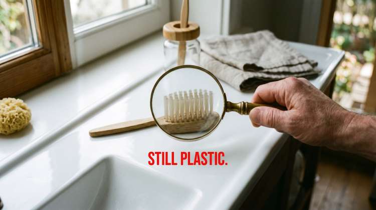 Magnifying glass revealing plastic bristles on a bamboo toothbrush