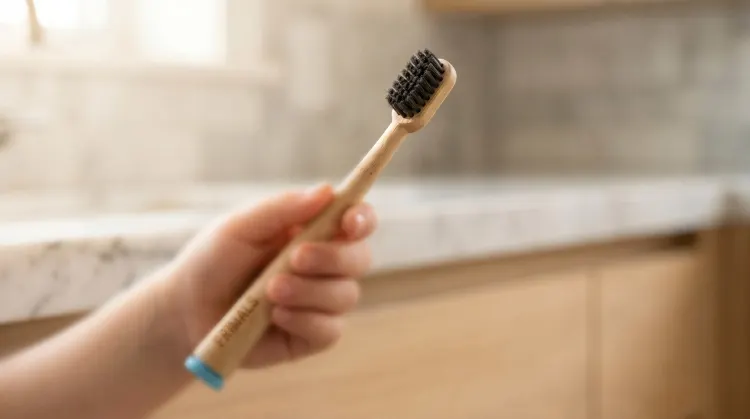 Child holding PRIMALS Kids Horse Bristle toothbrush