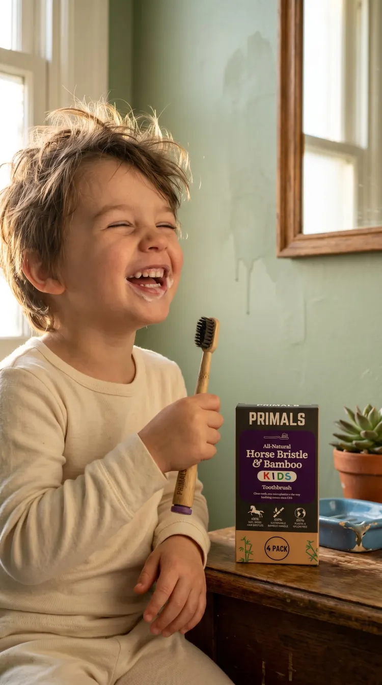 Kid happily using the PRIMALS Kids Horse Bristle Toothbrush