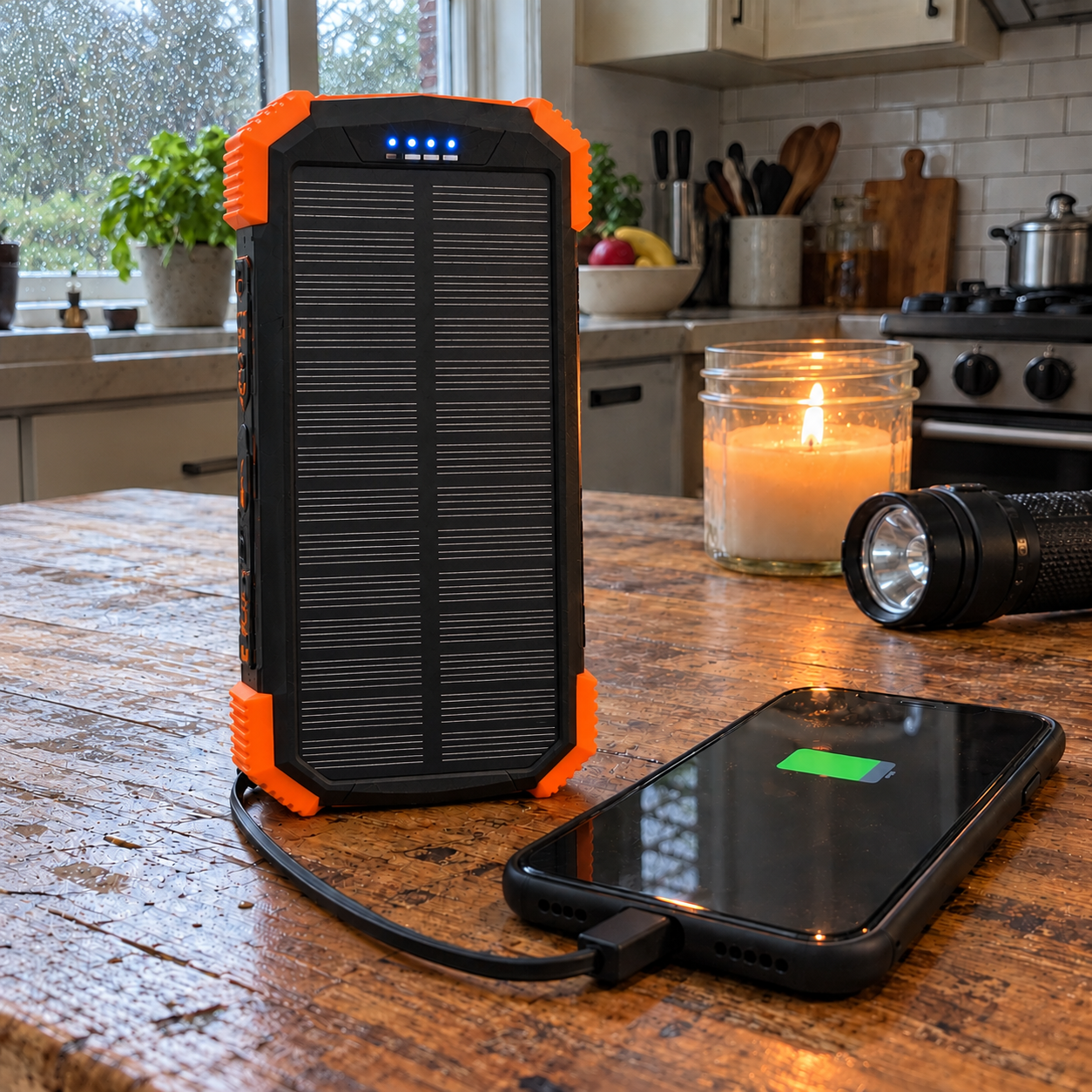Rivanta power bank on a kitchen table with a phone plugged in