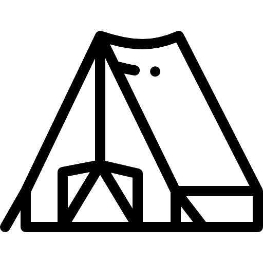 Line art icon of a pitched tent with an open entrance, representing camping or outdoor activities.