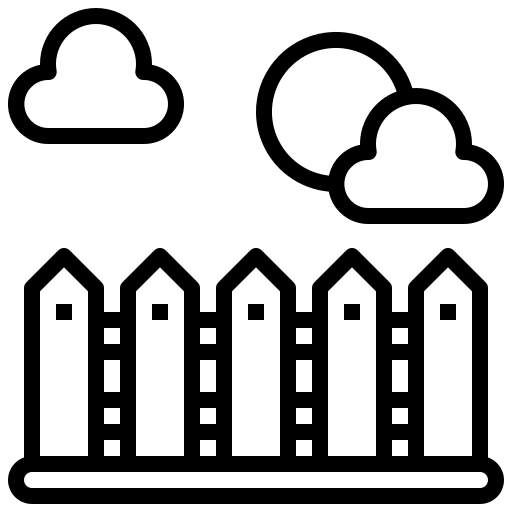 Minimalist icon of a fenced backyard with clouds and a sun, symbolizing the LuminAID Solar String Light’s usefulness for backyard lighting.