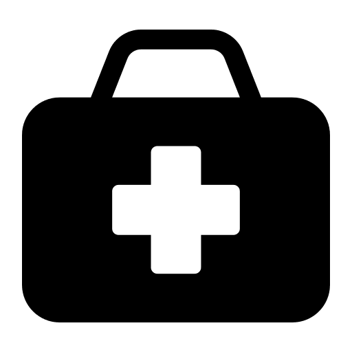 Minimalist black icon of a first aid kit with a cross symbol, representing emergency kits.