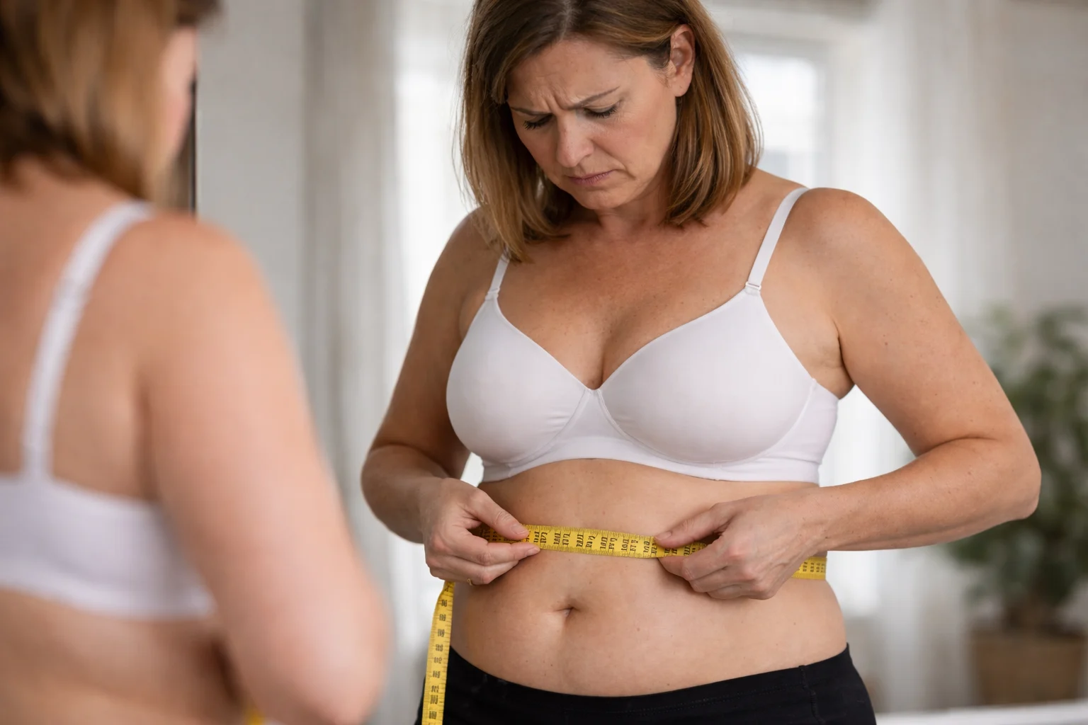 Kobieta patrzy na siebie w lustrze w okresie menopauzy