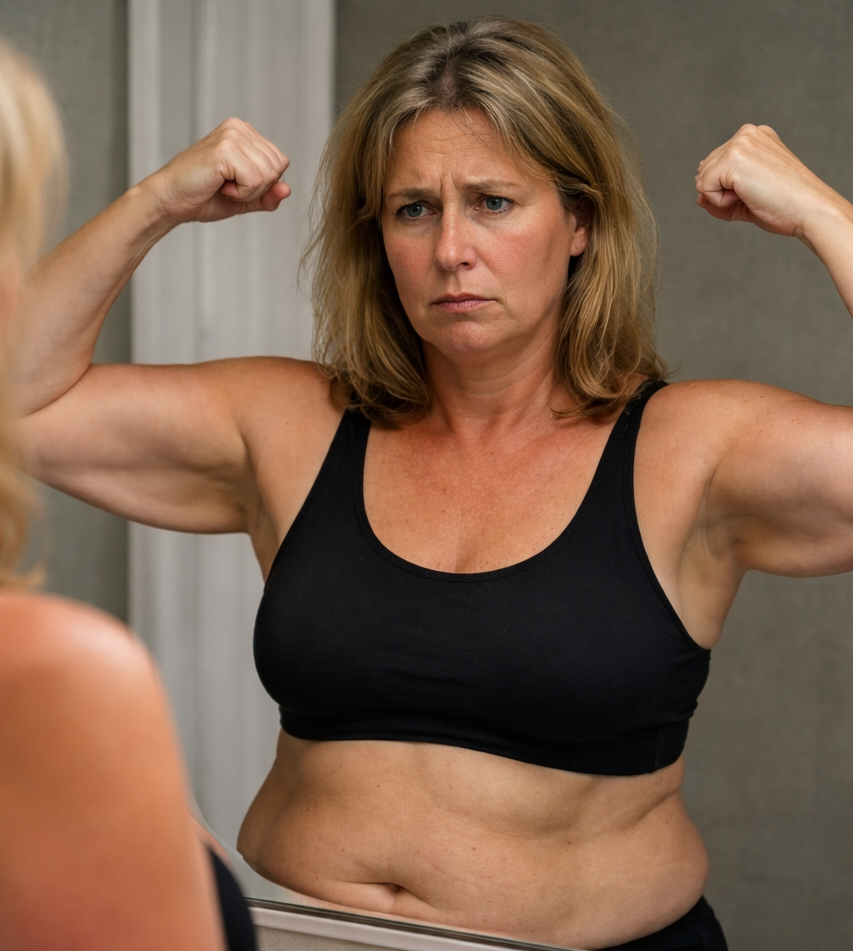 Kobieta sfrustrowana przybieraniem na wadze w okresie menopauzy