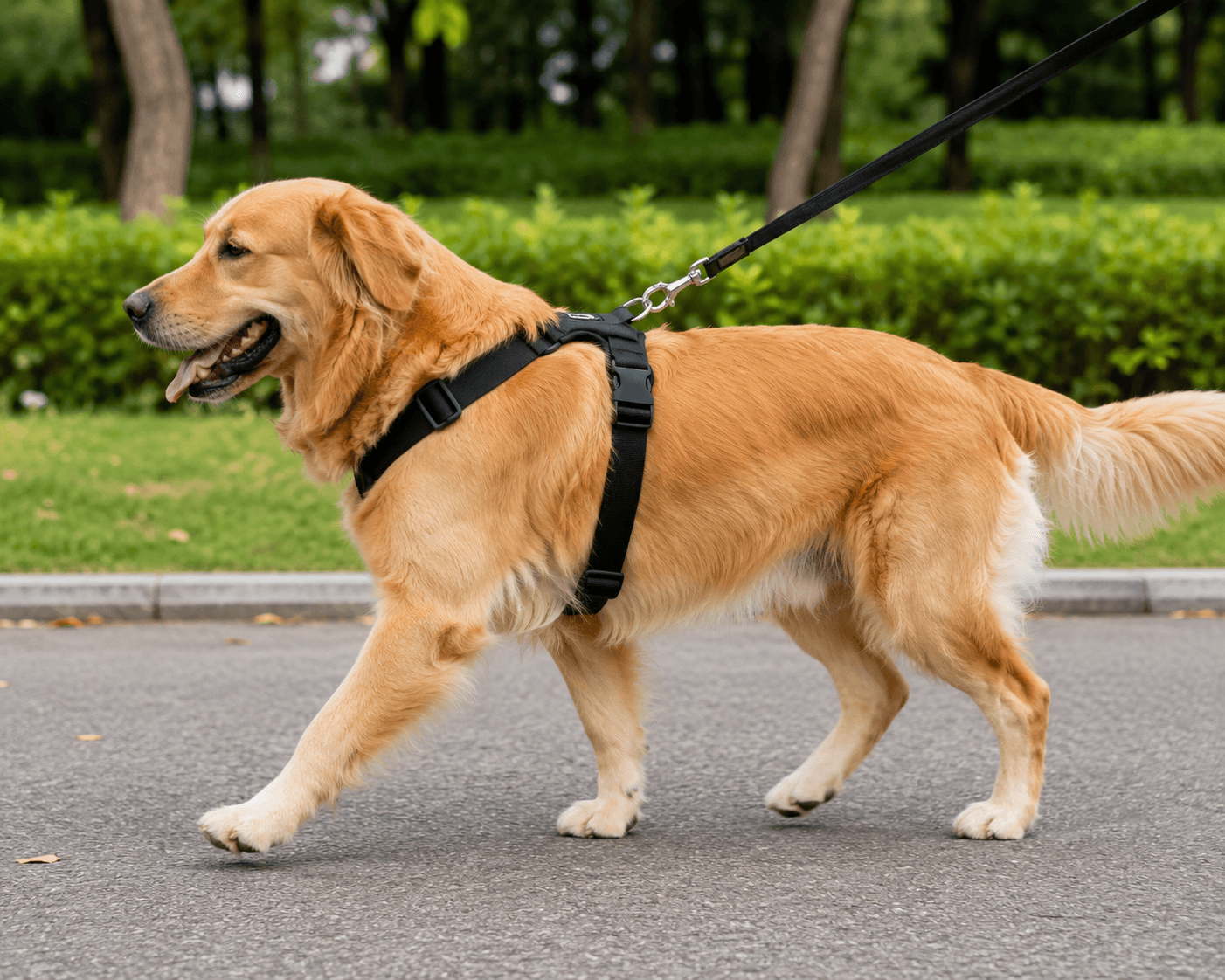 Back-clip harness with the leash clipped on the back