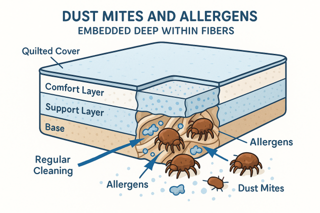 Cross-section of mattress showing dust mites and allergens embedded deep within fibers
