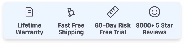 Trust badges showing lifetime warranty, fast free shipping, 60-day risk free trial, and 9000+ 5 star reviews
