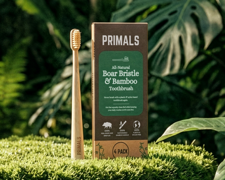 PRIMALS natural boar bristle toothbrush free standing quick dry bamboo design