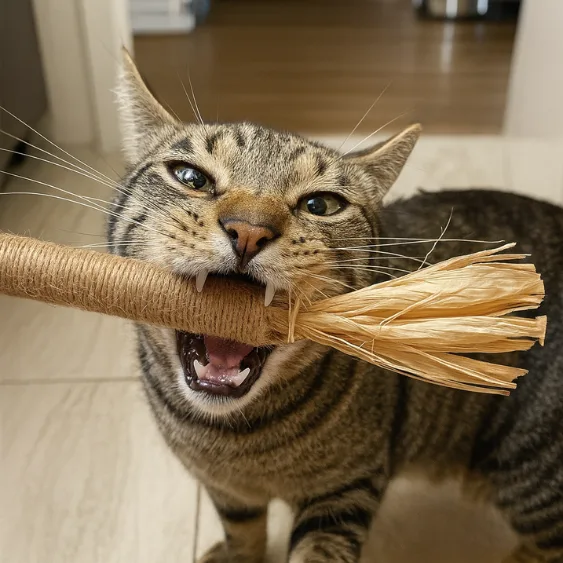 Kat speelt met Morbix stick