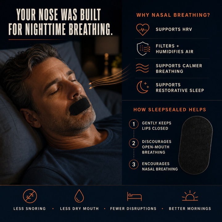 SleepSealed nasal breathing and nighttime benefits infographic