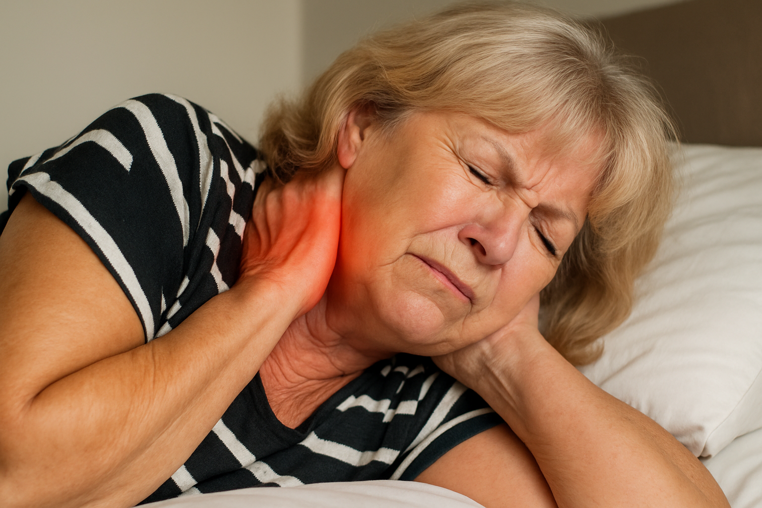 Woman experiencing morning neck pain