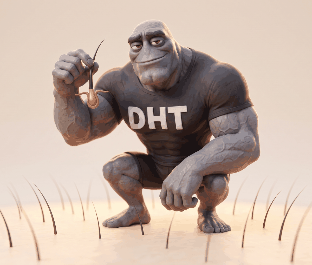 DHT drawn as the character from the Keeps ads, crouched on a thinning scalp, pulling out a hair by the root like a weed