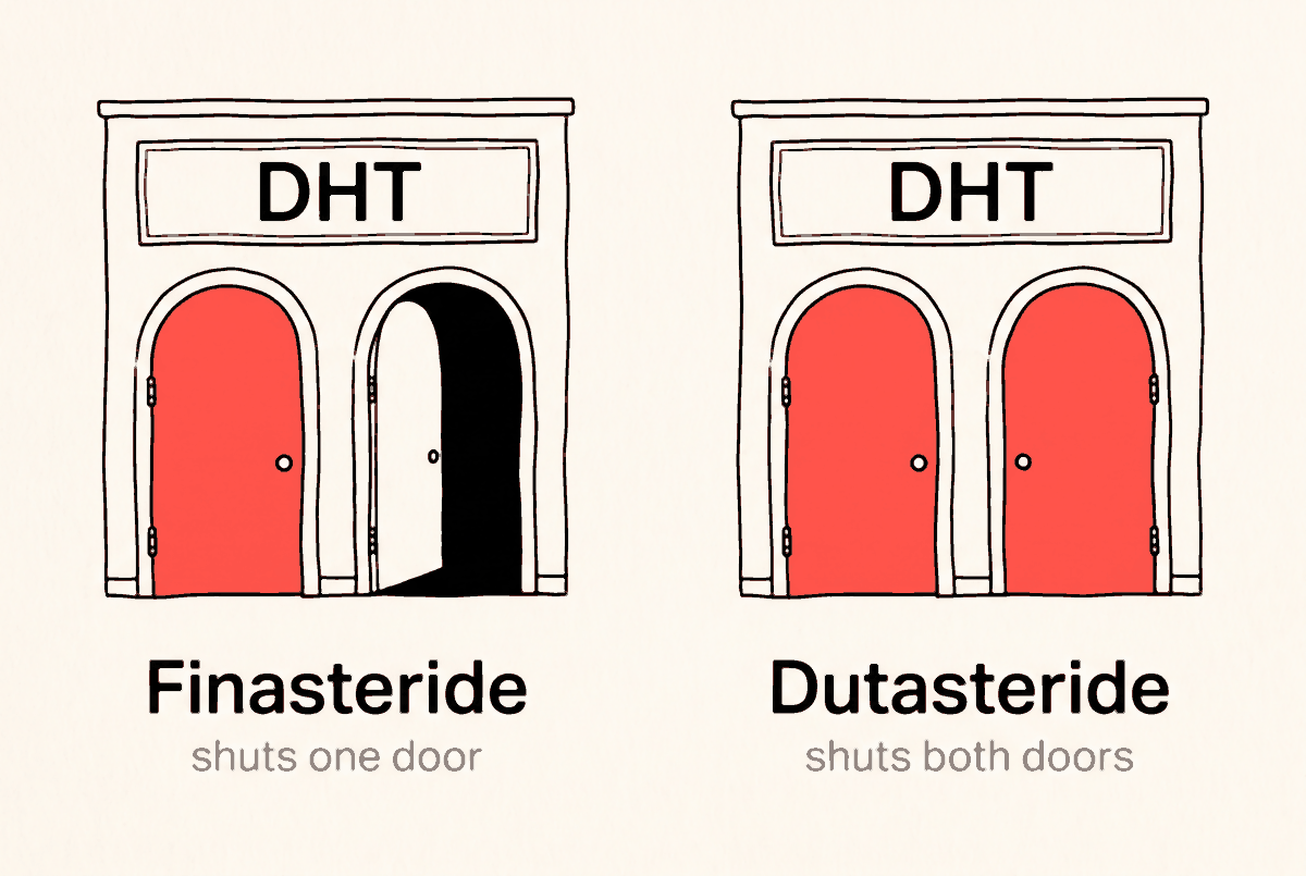 Two doors into the follicle: finasteride blocks one form of the enzyme, dutasteride blocks both