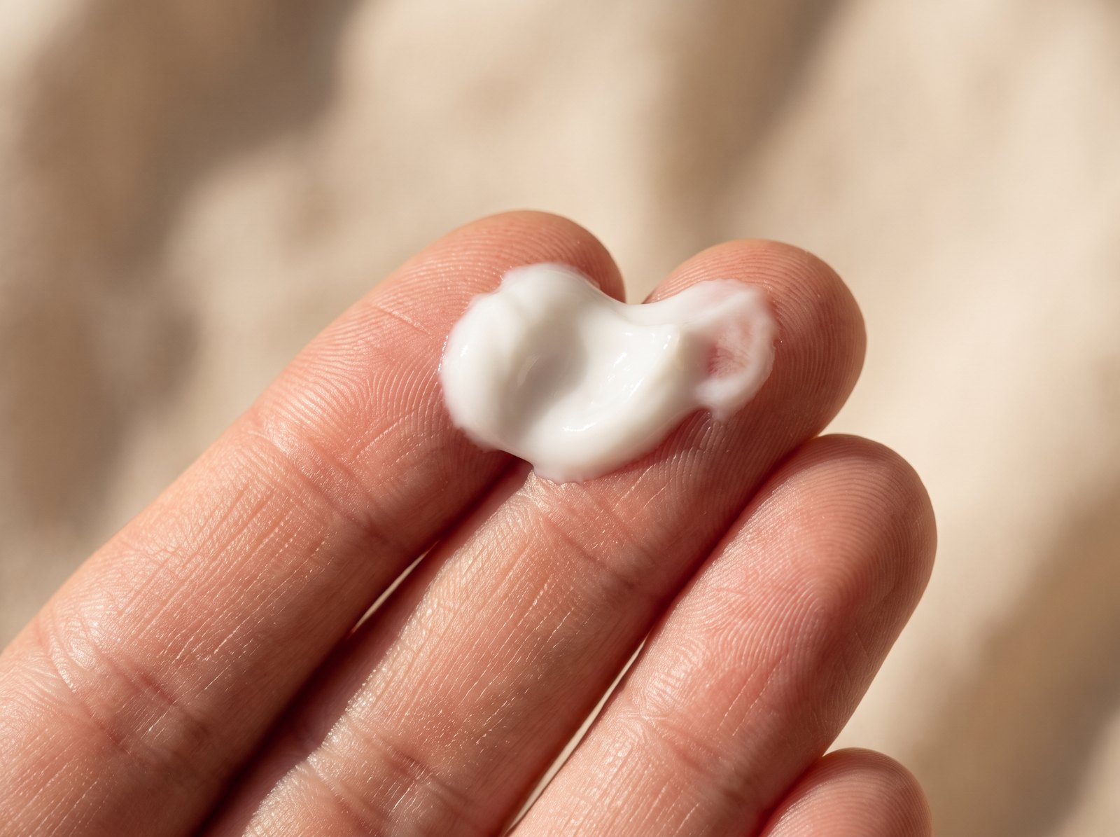 A thin layer of the cream on two fingertips