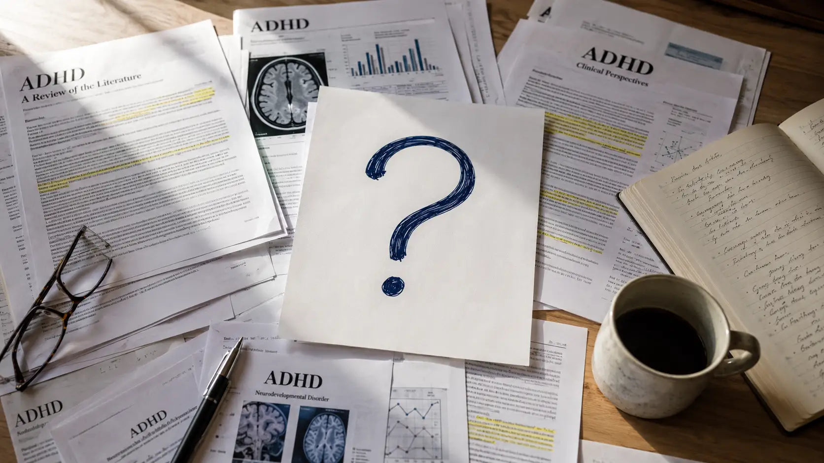 A desk covered with printed ADHD research papers and a hand-drawn question mark