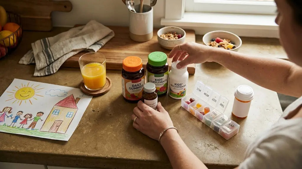 A mother's hands on a kitchen counter with several children's supplement bottles and a pill organizer