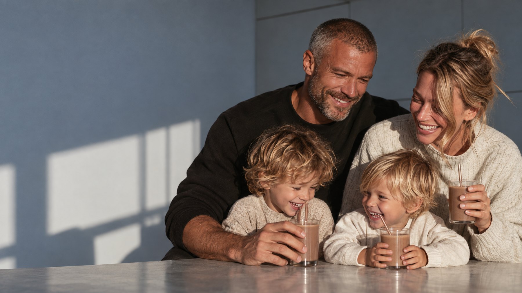 A family sharing LyfeFuel Essentials shakes at the kitchen counter