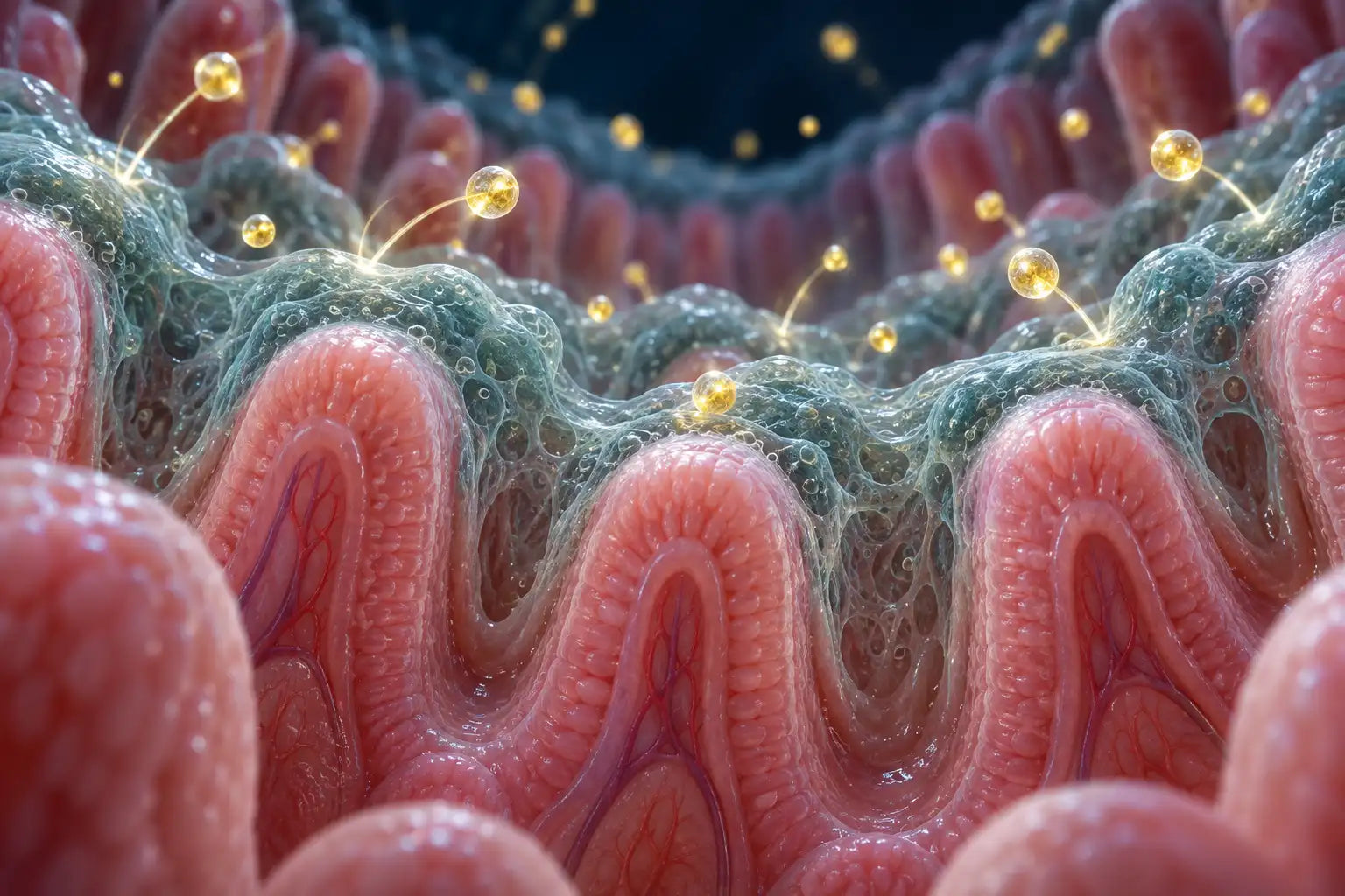 Illustration of the intestinal lining coated by a biofilm layer, with nutrient particles bouncing off instead of passing through