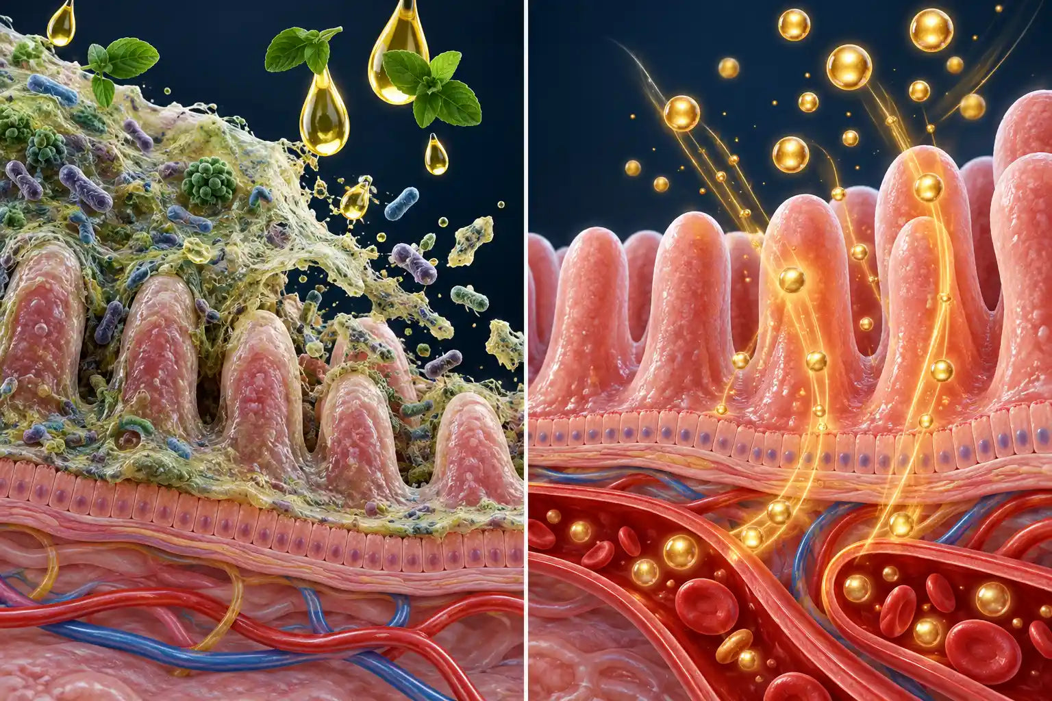 Split illustration: oregano oil dissolving the biofilm on the gut lining on the left; on the right, a clean lining with nutrients streaming into the bloodstream