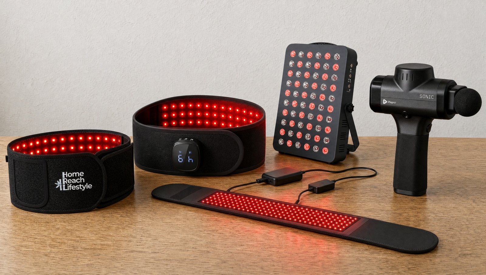 Illustrative lineup of HomeReach Pro, Comfytemp, Hooga belt, Hooga panel and Lifepro Sonic