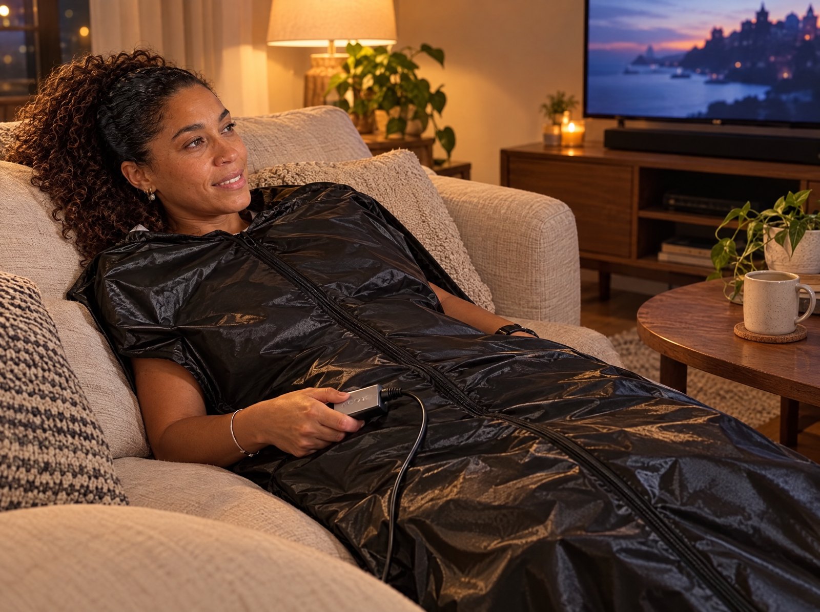 Woman watching TV on her sofa zipped into the FlexiHeat sauna blanket