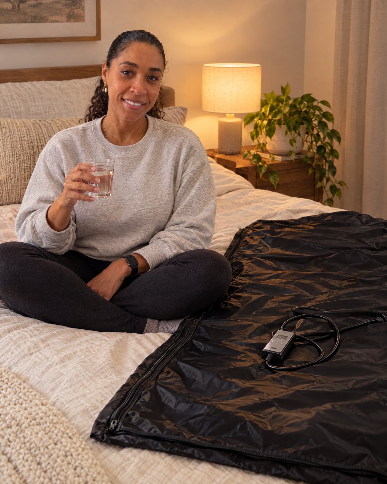 Woman sitting on her bed with a glass of water next to the smooth black FlexiHeat sauna blanket