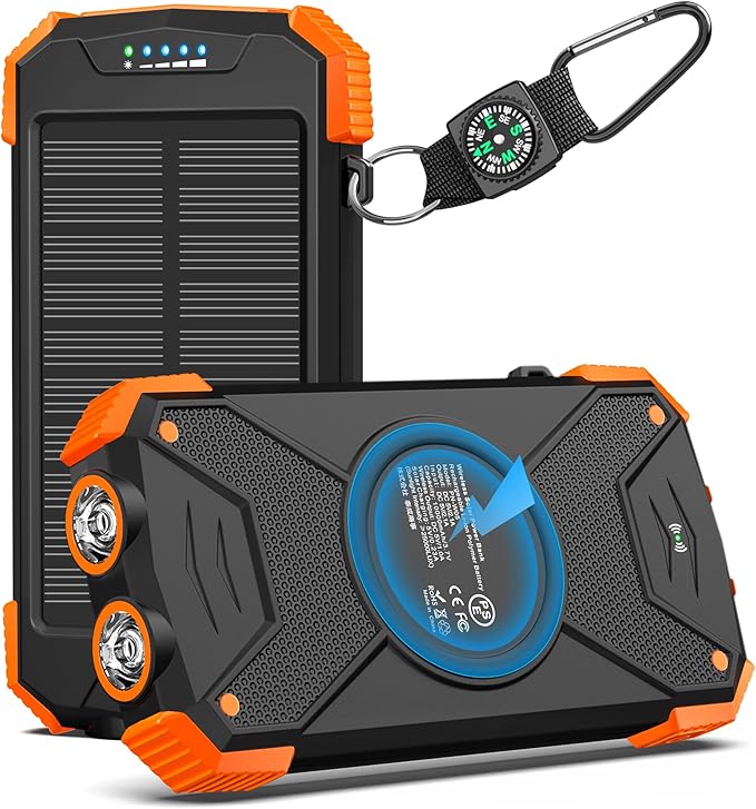 The Rivanta power bank from both sides: solar panel on the face, wireless charging pad and twin LED torches on the back, with the compass carabiner.