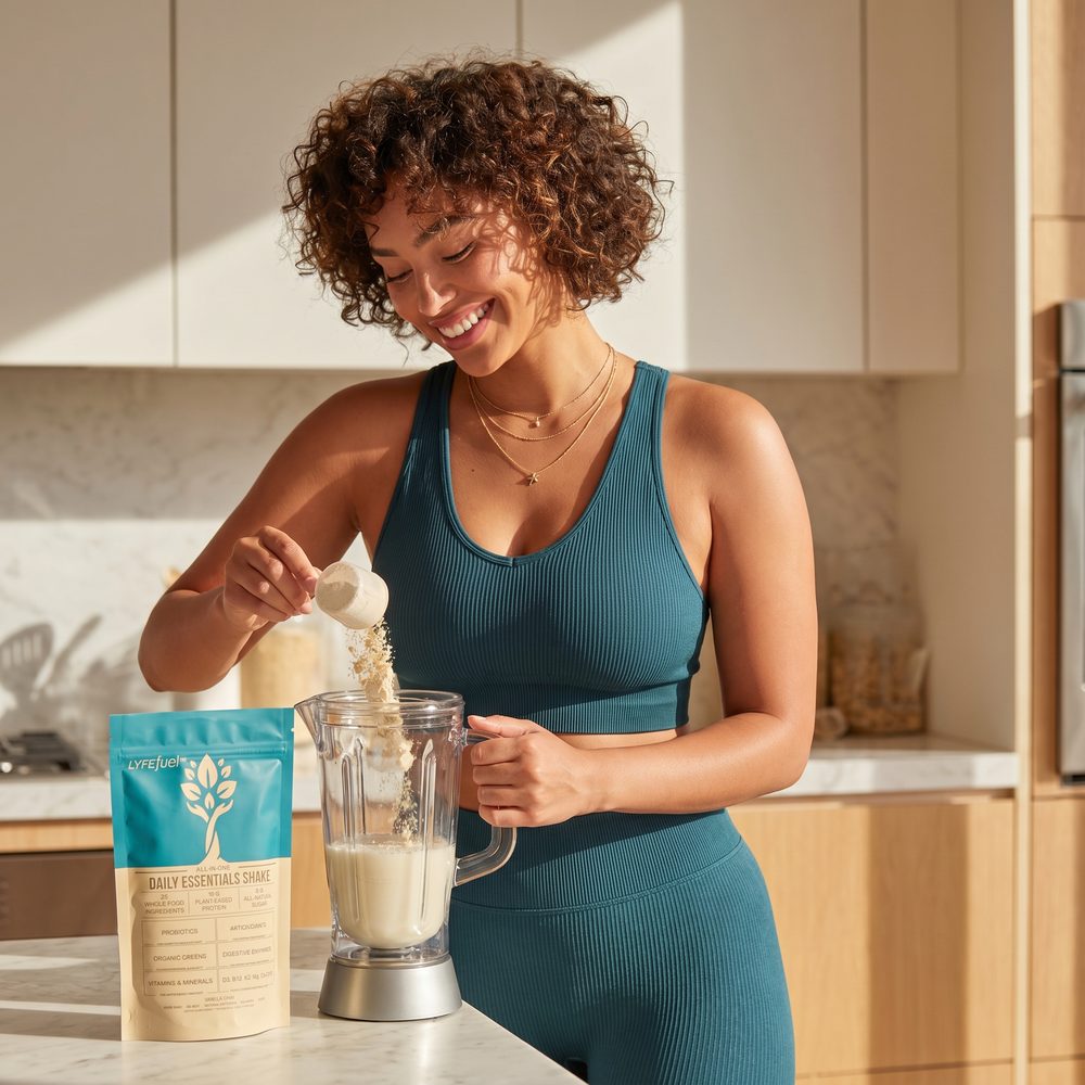 A woman adding a scoop of LyfeFuel Essentials to a blender in her kitchen