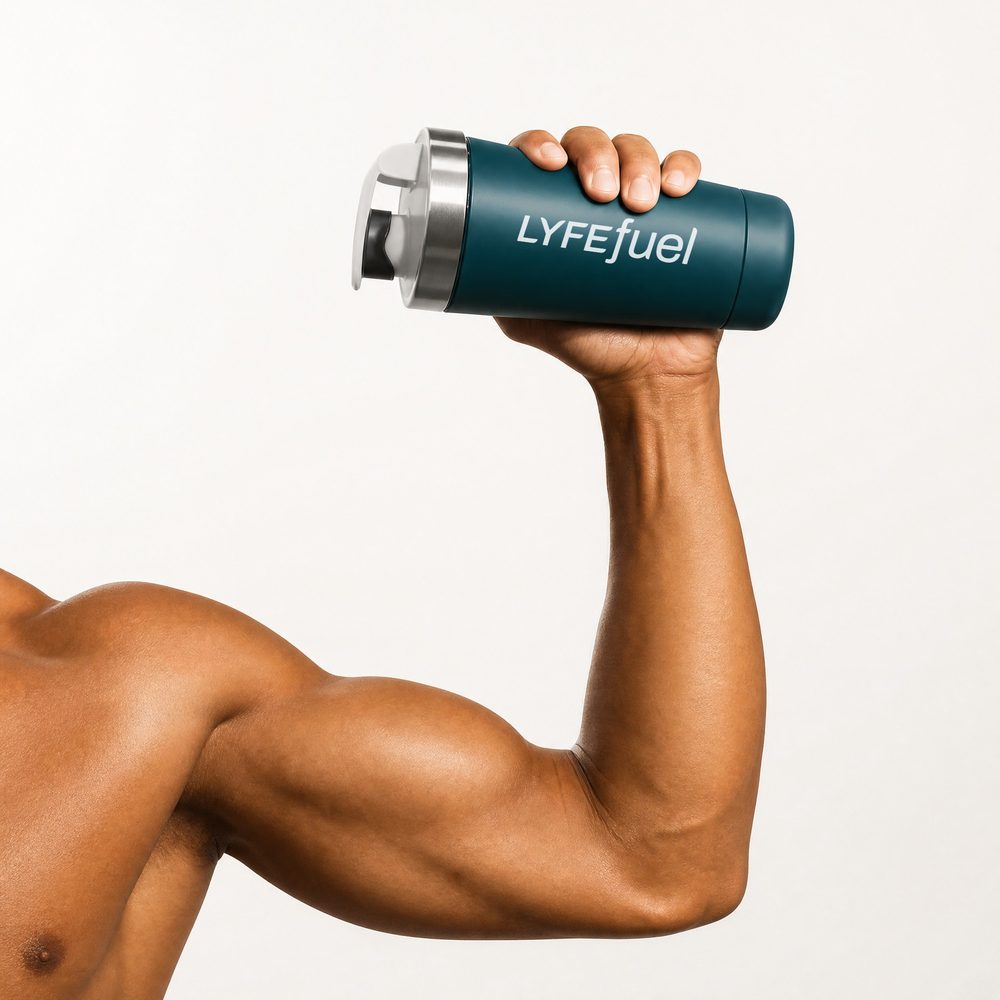 A flexed arm holding the LyfeFuel shaker